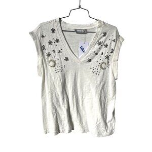 Blue B Top Size Small V Neck Floral Rhinestone Embellished Off White Cotton NEW